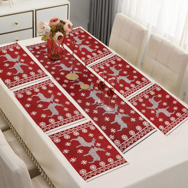 Buy Crimson Stag Jacquard Woven Placemat With Runner - Seven Piece Set Table Linen Set from Vaaree