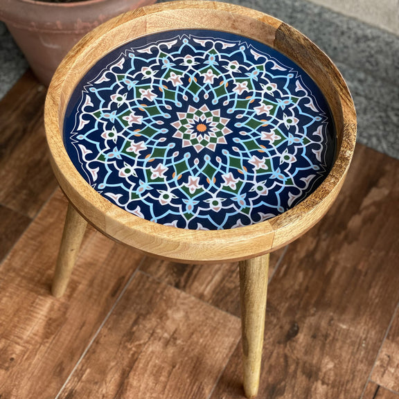 Grand plateau ovale en bois incrusté marqueterie florale 50cm