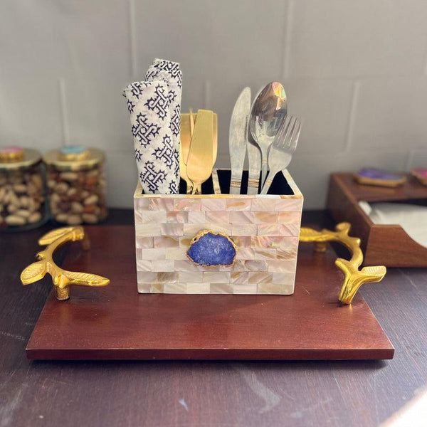 Buy Suzzaine Handcrafted Mother Of Pearl & Agate Cutlery Holder - Blue & Beige Cutlery Stand from Vaaree