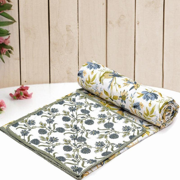 Buy Urmi Floral Reversible Cotton Dohar (Yellow & Blue) - 180 GSM Dohars from Vaaree