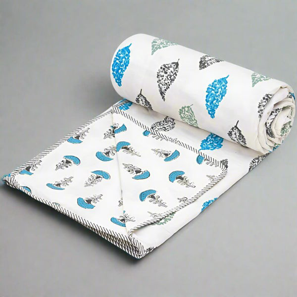 Buy Mushroom Flora Reversible Cotton Dohar (Blue & White) - 180 GSM Dohars from Vaaree