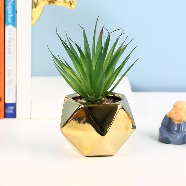 Buy Faux Haworthia In Gold Ceramic Pot - 16 cms Artificial Plants from Vaaree