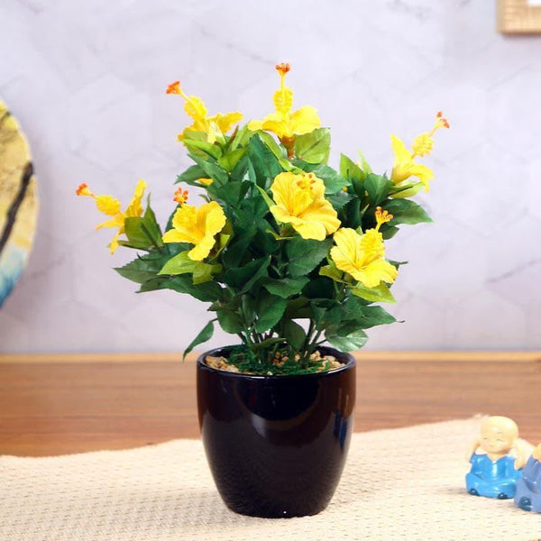 Buy Faux Mini Hibiscus Bonsai In Ceramic Pot (31 cms) - Yellow Artificial Plants from Vaaree