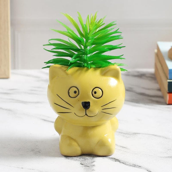 Buy Faux Succulent In Cat Face Pot - 14.5 cms Artificial Plants from Vaaree