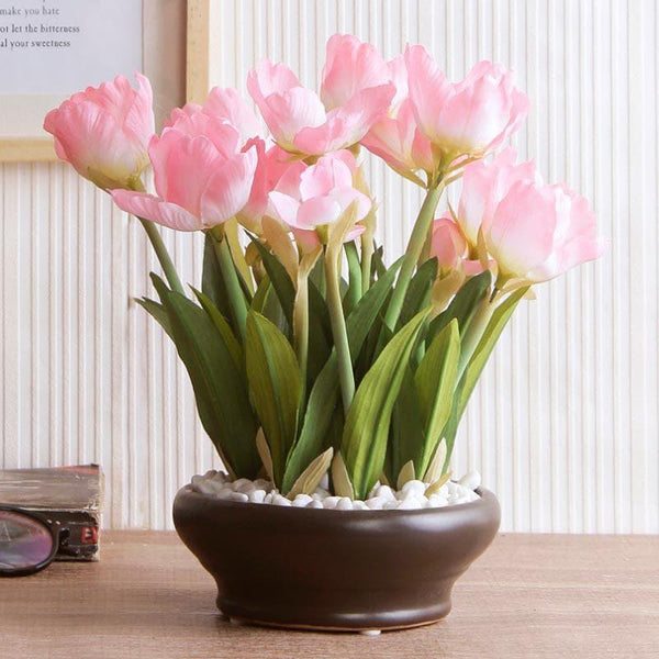 Buy Faux Tulip Bonsai In Ceramic Pot (26 cms) - Light Pink Artificial Plants from Vaaree