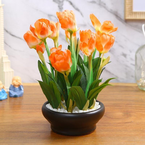 Buy Faux Tulip Bonsai In Ceramic Pot (26 cms) - Orange Artificial Plants from Vaaree